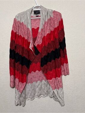 St. John Open-Front Wave Stripe Cardigan in Red, Black & Cream